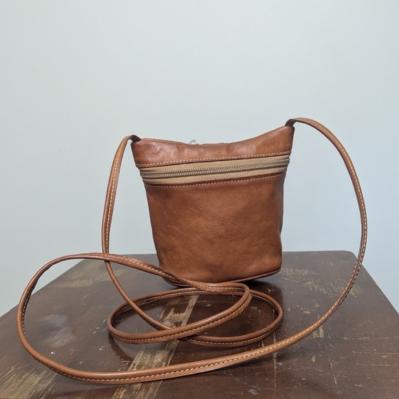VTG IL Bisonte tan italian leather binocular crossbody purse 1980s - Picture 1 of 7